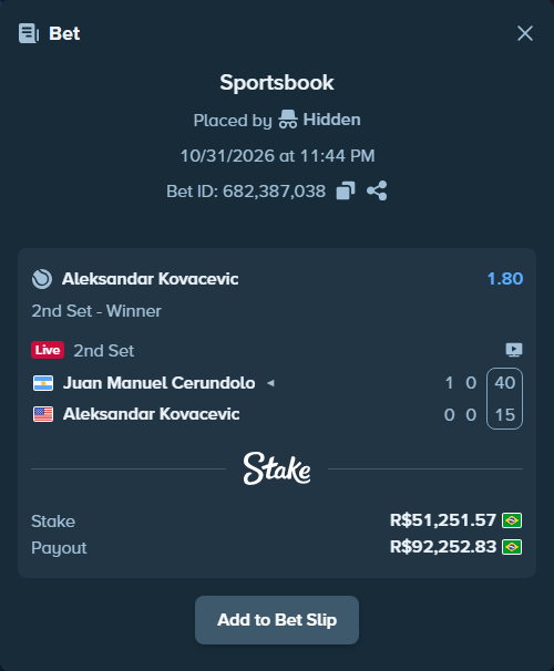 Bet slip: Juan Manuel Cerundolo - Aleksandar Kovacevic, $10,250.31 stake at 1.80 odds, placed by Hidden