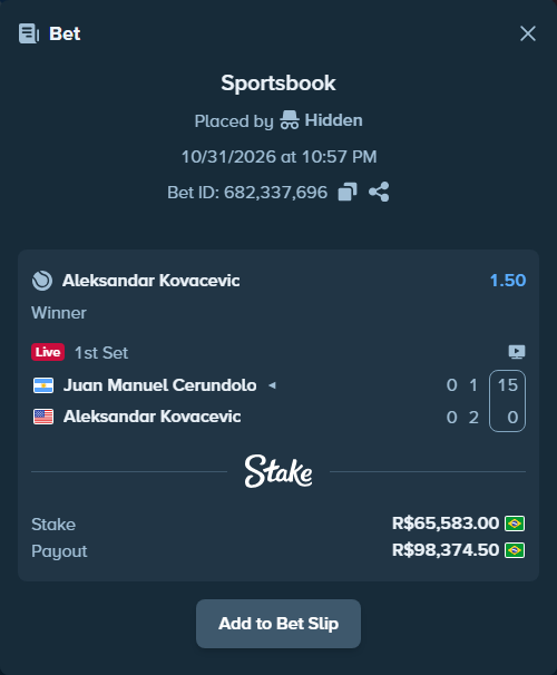Bet slip: Juan Manuel Cerundolo - Aleksandar Kovacevic, $13,116.60 stake at 1.50 odds, placed by Hidden