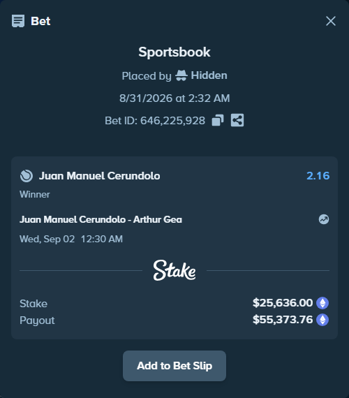 Bet slip: Juan Manuel Cerundolo - Arthur Gea, $25,366.20 stake at 2.16 odds, placed by Hidden