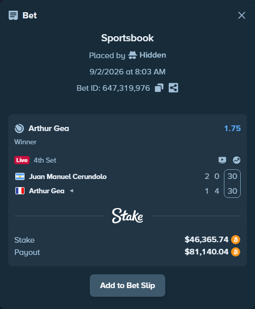 Bet slip: Juan Manuel Cerundolo - Arthur Gea, $46,540.91 stake at 1.75 odds, placed by Hidden