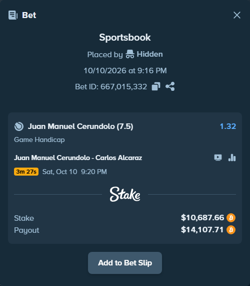 Bet slip: Juan Manuel Cerundolo - Carlos Alcaraz, $10,735.09 stake at 1.32 odds, placed by Michel2601