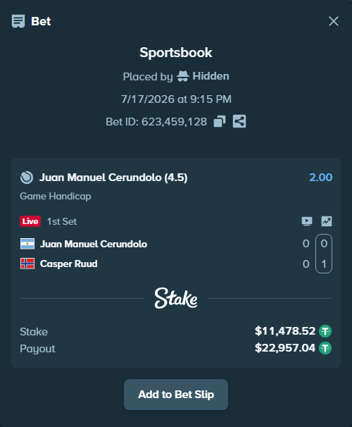 Bet slip: Juan Manuel Cerundolo - Casper Ruud, $11,490.00 stake at 2.00 odds, placed by Hidden