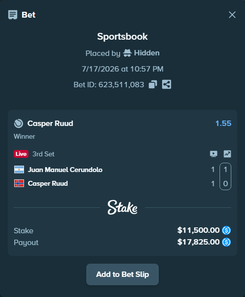 Bet slip: Juan Manuel Cerundolo - Casper Ruud, $11,500.00 stake at 1.55 odds, placed by Hidden