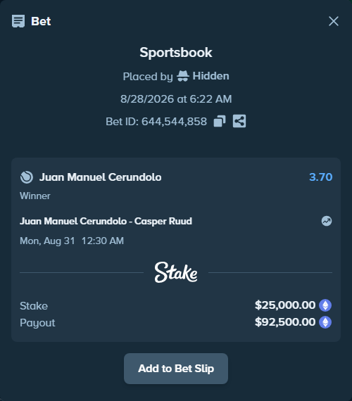 Bet slip: Juan Manuel Cerundolo - Casper Ruud, $24,060.90 stake at 3.70 odds, placed by Hidden