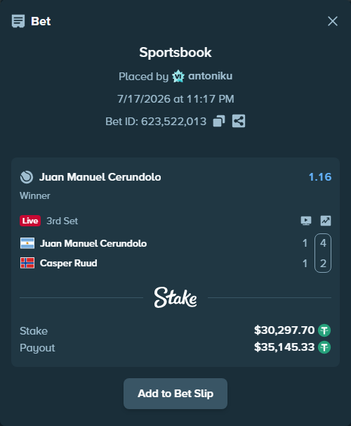 Bet slip: Juan Manuel Cerundolo - Casper Ruud, $30,328.00 stake at 1.16 odds, placed by antoniku