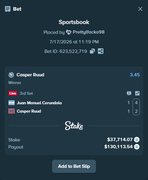 Bet slip: Juan Manuel Cerundolo - Casper Ruud, $37,191.05 stake at 3.45 odds, placed by Prettylfacko98