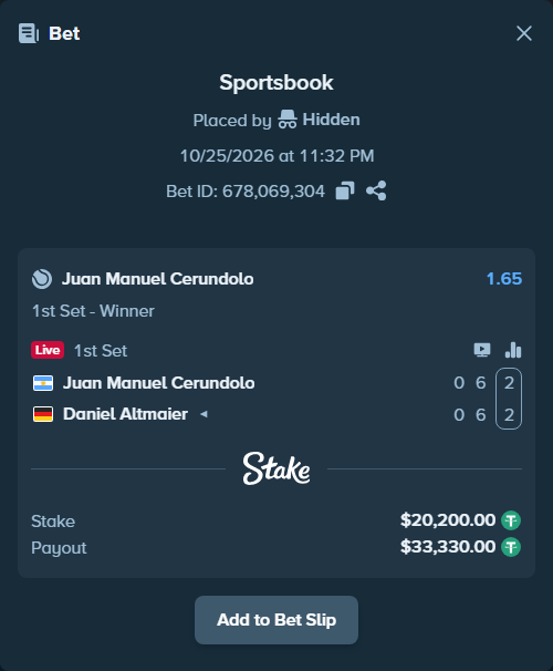 Bet slip: Juan Manuel Cerundolo - Daniel Altmaier, $20,220.20 stake at 1.65 odds, placed by Hidden