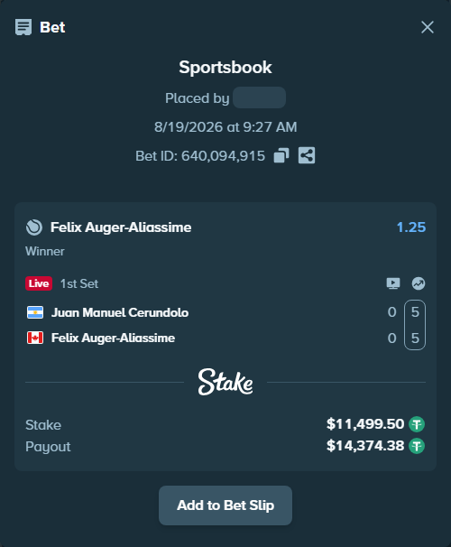 Bet slip: Juan Manuel Cerundolo - Felix Auger-Aliassime, $11,511.00 stake at 1.25 odds, placed by Mopsik33