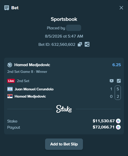Bet slip: Juan Manuel Cerundolo - Hamad Medjedovic, $11,295.35 stake at 6.25 odds, placed by Prettylfacko98