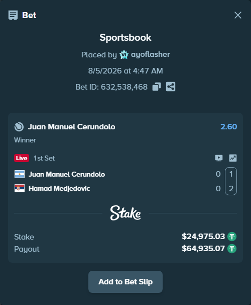 Bet slip: Juan Manuel Cerundolo - Hamad Medjedovic, $25,000.00 stake at 2.60 odds, placed by ayoflasher