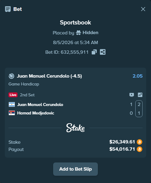 Bet slip: Juan Manuel Cerundolo - Hamad Medjedovic, $26,372.84 stake at 2.05 odds, placed by Hidden