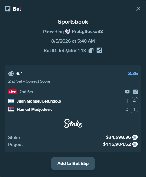Bet slip: Juan Manuel Cerundolo - Hamad Medjedovic, $33,892.27 stake at 3.35 odds, placed by Prettylfacko98