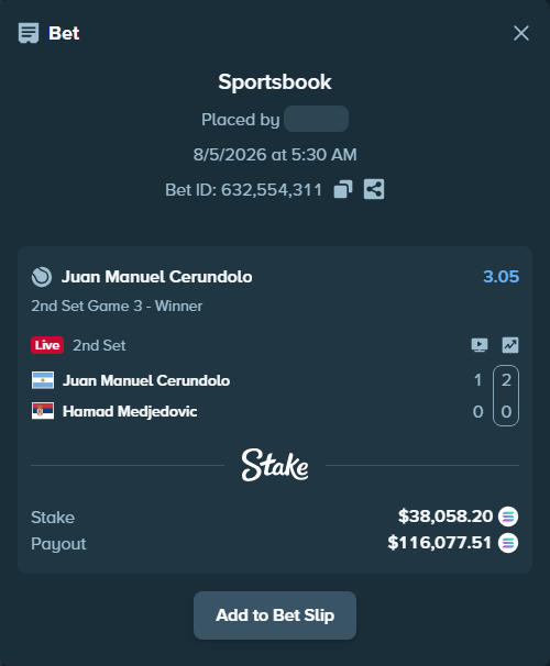 Bet slip: Juan Manuel Cerundolo - Hamad Medjedovic, $37,281.49 stake at 3.05 odds, placed by Prettylfacko98