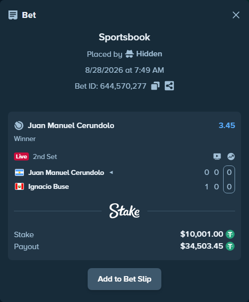 Bet slip: Juan Manuel Cerundolo - Ignacio Buse, $10,000.00 stake at 3.45 odds, placed by Hidden