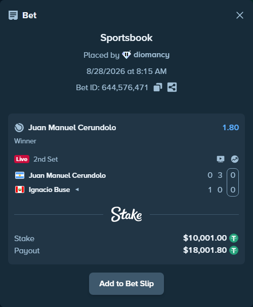 Bet slip: Juan Manuel Cerundolo - Ignacio Buse, $10,000.00 stake at 1.80 odds, placed by diomancy
