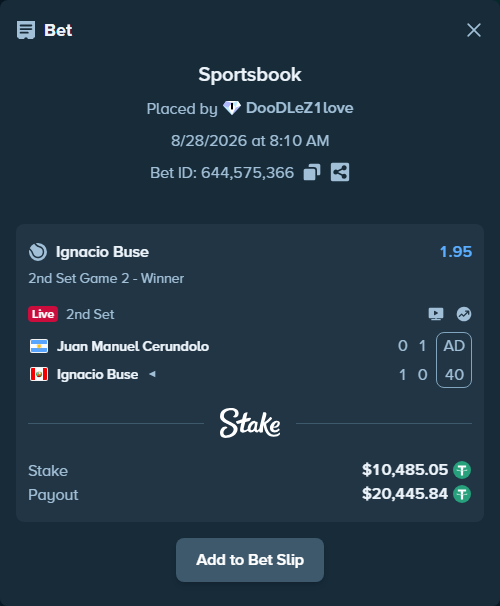 Bet slip: Juan Manuel Cerundolo - Ignacio Buse, $10,484.00 stake at 1.95 odds, placed by DooDLeZ1love