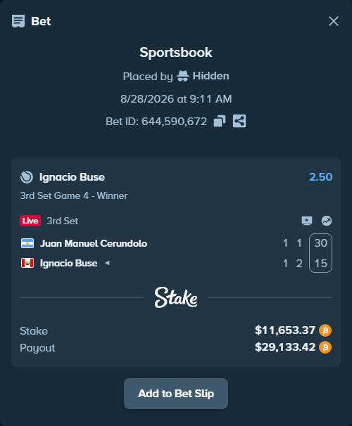 Bet slip: Juan Manuel Cerundolo - Ignacio Buse, $11,721.81 stake at 2.50 odds, placed by Hidden