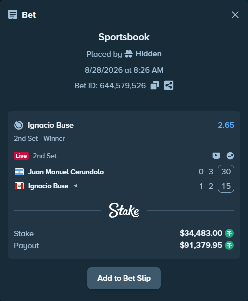 Bet slip: Juan Manuel Cerundolo - Ignacio Buse, $34,479.55 stake at 2.65 odds, placed by Hidden