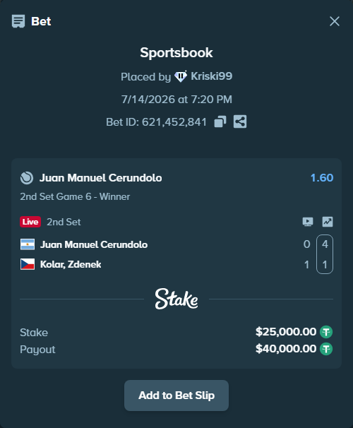 Bet slip: Juan Manuel Cerundolo - Kolar, Zdenek, $25,025.00 stake at 1.60 odds, placed by Kriski99