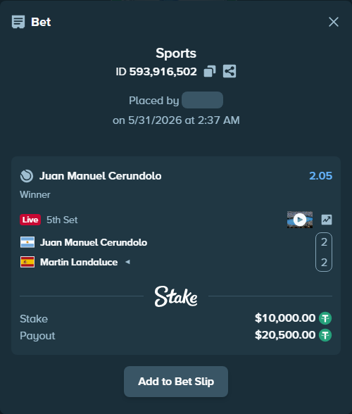 Bet slip: Juan Manuel Cerundolo - Martin Landaluce, $10,010.00 stake at 2.05 odds, placed by Elantari36