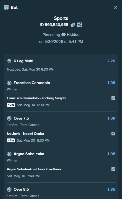 Bet slip: Juan Manuel Cerundolo - Martin Landaluce, $21,639.93 stake at 1.35 odds, placed by Hidden