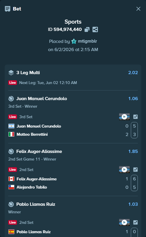 Bet slip: Juan Manuel Cerundolo - Matteo Berrettini, $12,900.00 stake at 1.06 odds, placed by mtlgmblr