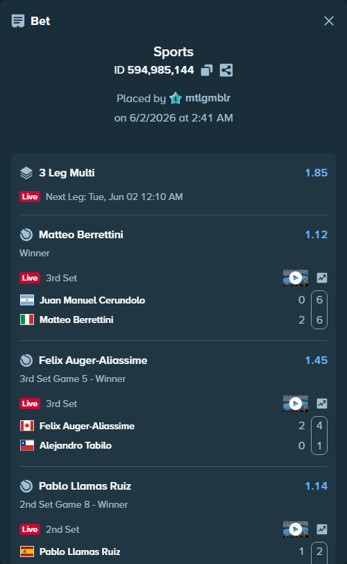 Bet slip: Juan Manuel Cerundolo - Matteo Berrettini, $15,000.00 stake at 1.12 odds, placed by mtlgmblr