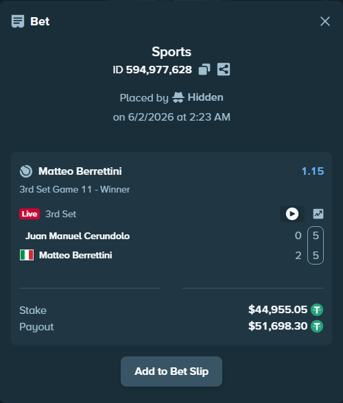 Bet slip: Juan Manuel Cerundolo - Matteo Berrettini, $45,000.00 stake at 1.15 odds, placed by diomancy