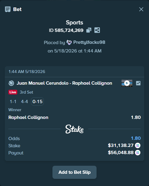 Bet slip: Juan Manuel Cerundolo - Raphael Collignon, $26,320.16 stake at 1.80 odds, placed by Prettylfacko98