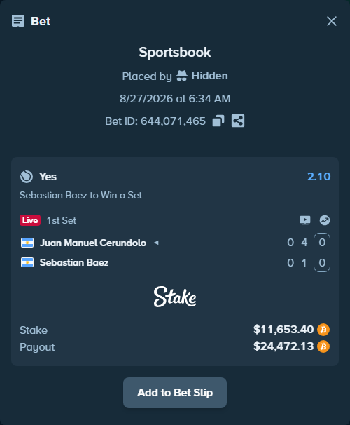 Bet slip: Juan Manuel Cerundolo - Sebastian Baez, $11,698.21 stake at 2.10 odds, placed by Hidden