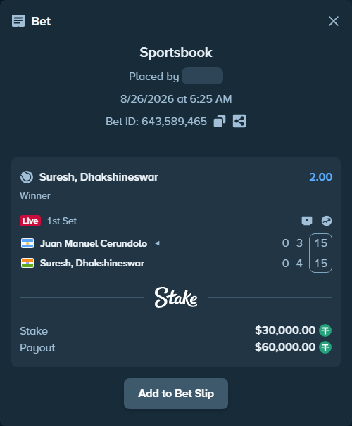 Bet slip: Juan Manuel Cerundolo - Suresh, Dhakshineswar, $30,000.00 stake at 2.00 odds, placed by piropiro12