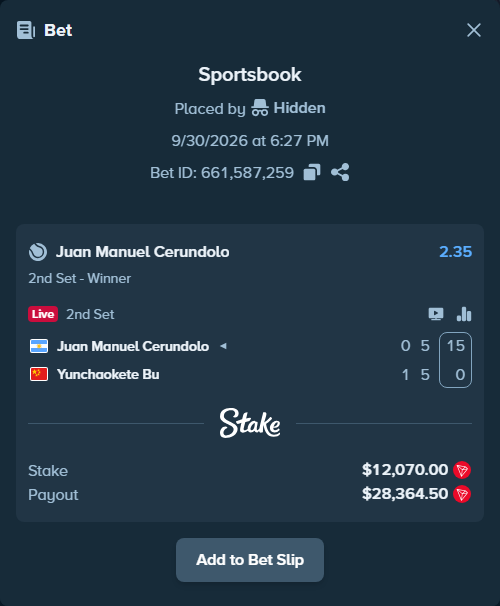 Bet slip: Juan Manuel Cerundolo - Yunchaokete Bu, $12,083.95 stake at 2.35 odds, placed by Hidden