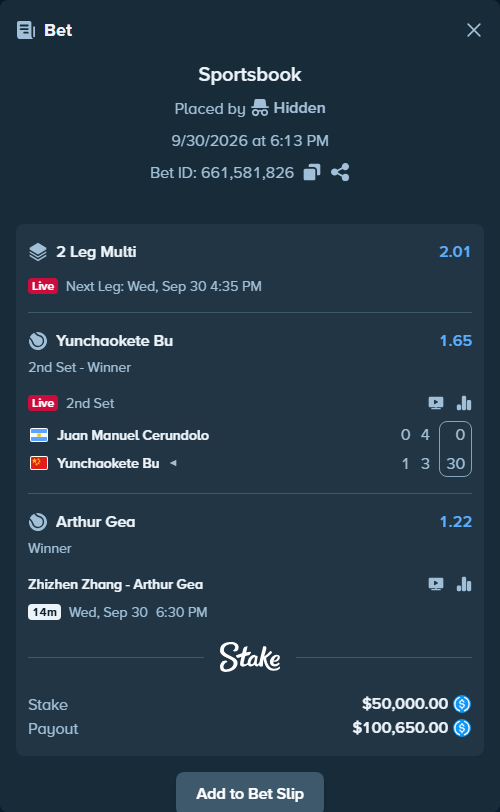 Bet slip: Juan Manuel Cerundolo - Yunchaokete Bu, $50,000.00 stake at 1.65 odds, placed by Hidden