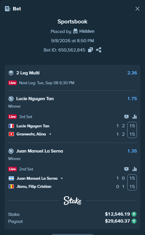 Bet slip: Juan Manuel La Serna - Jianu, Filip Cristian, $12,546.19 stake at 1.35 odds, placed by Hidden