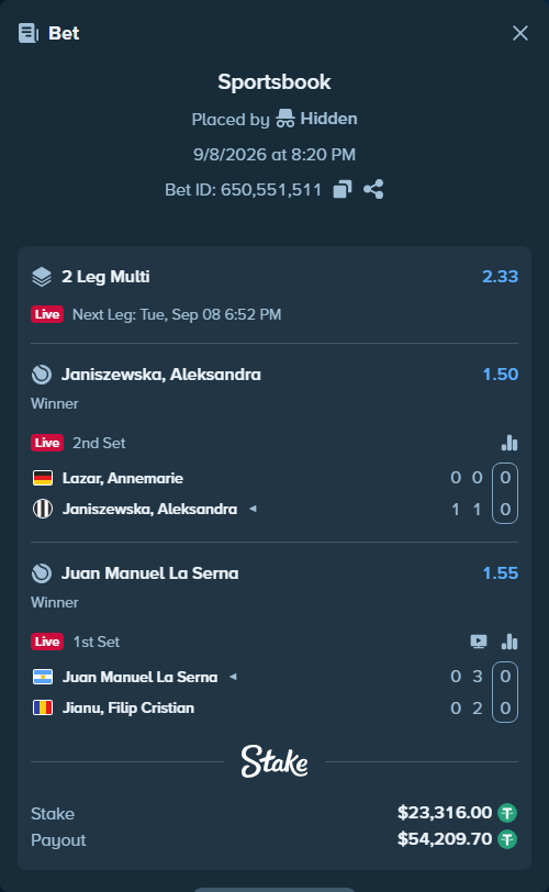 Bet slip: Juan Manuel La Serna - Jianu, Filip Cristian, $23,316.00 stake at 1.55 odds, placed by Hidden