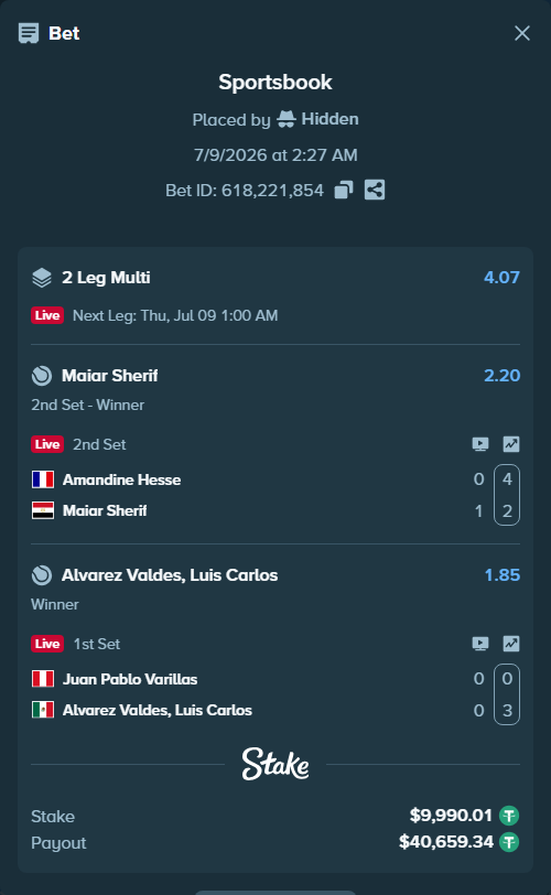 Bet slip: Juan Pablo Varillas - Alvarez Valdes, Luis Carlos, $10,000.00 stake at 1.85 odds, placed by Hidden