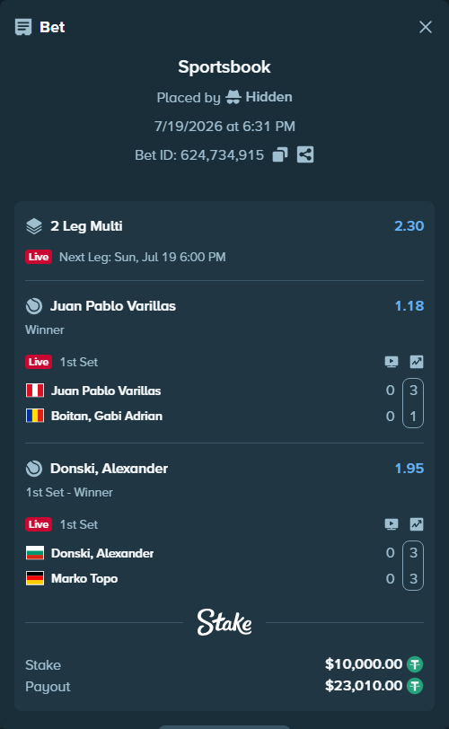Bet slip: Juan Pablo Varillas - Boitan, Gabi Adrian, $10,000.00 stake at 1.18 odds, placed by Hidden