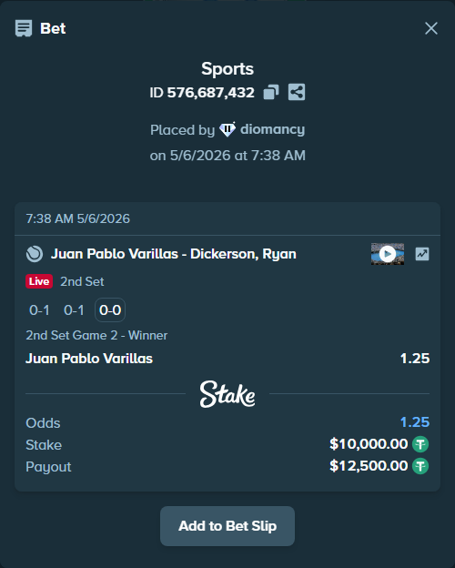 Bet slip: Juan Pablo Varillas - Dickerson, Ryan, $10,000.00 stake at 1.25 odds, placed by diomancy