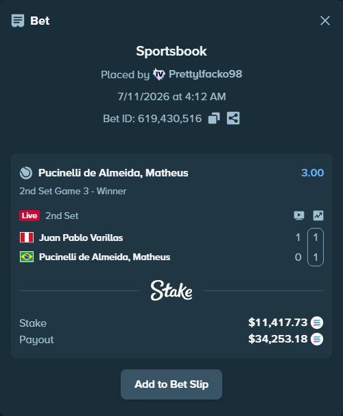 Bet slip: Juan Pablo Varillas - Pucinelli de Almeida, Matheus, $10,686.87 stake at 3.00 odds, placed by Prettylfacko98