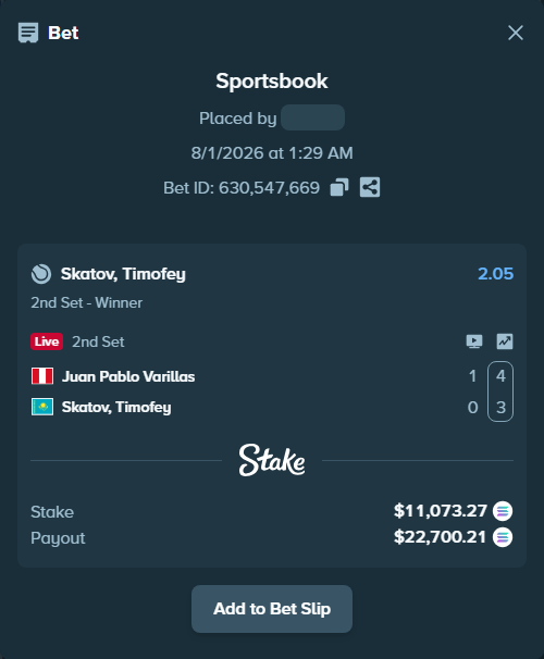 Bet slip: Juan Pablo Varillas - Skatov, Timofey, $11,024.32 stake at 2.05 odds, placed by Prettylfacko98