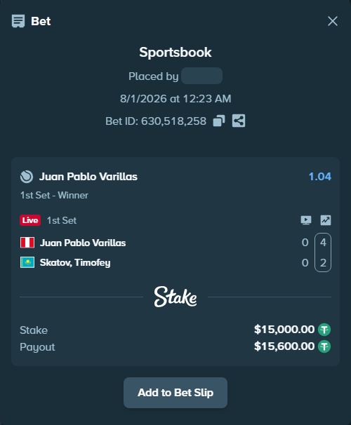 Bet slip: Juan Pablo Varillas - Skatov, Timofey, $15,015.00 stake at 1.04 odds, placed by lillaith