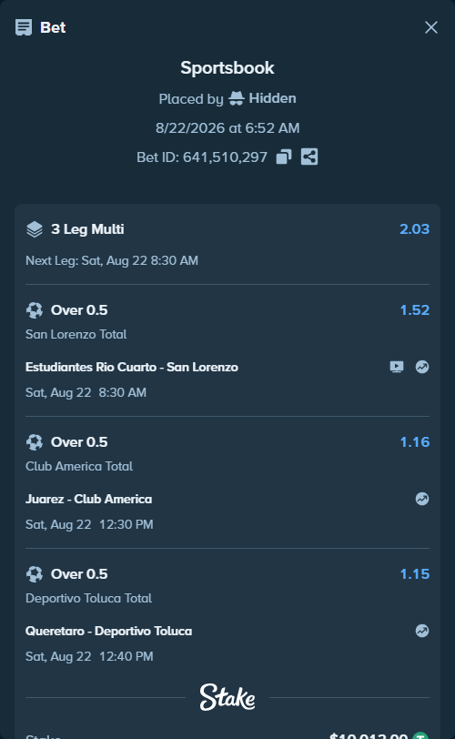 Bet slip: Juarez - Club America, $10,012.00 stake at 1.16 odds, placed by Hidden