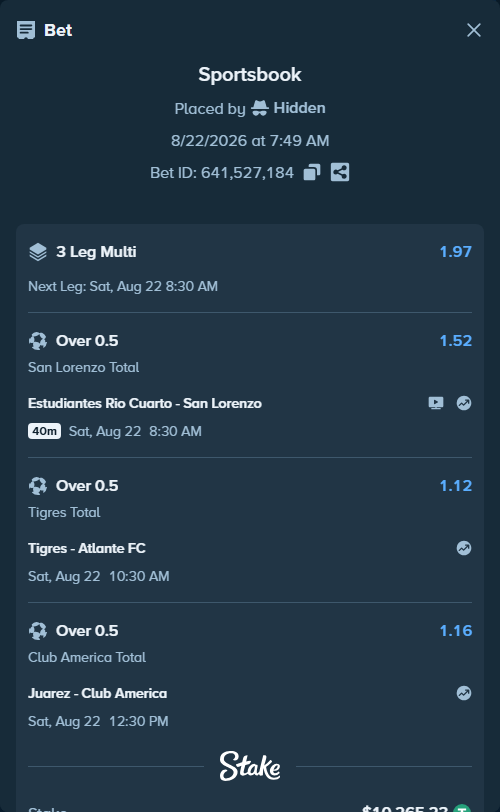 Bet slip: Juarez - Club America, $10,265.23 stake at 1.16 odds, placed by Hidden