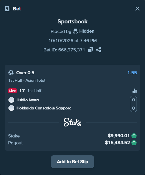 Bet slip: Jubilo Iwata - Hokkaido Consadole Sapporo, $10,000.00 stake at 1.55 odds, placed by tlwns4736