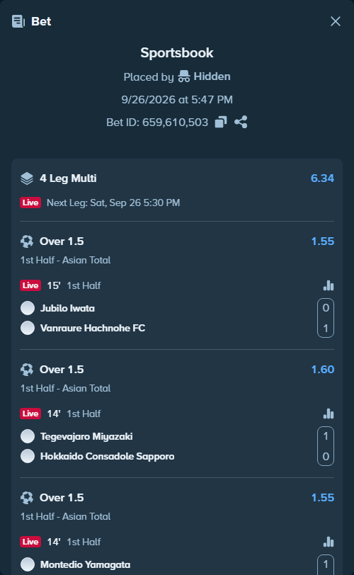 Bet slip: Jubilo Iwata - Vanraure Hachinohe FC, $14,921.92 stake at 1.55 odds, placed by Hidden