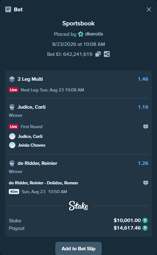 Bet slip: Judice, Carli - Jeisla Chaves, $10,000.00 stake at 1.16 odds, placed by dkarolis