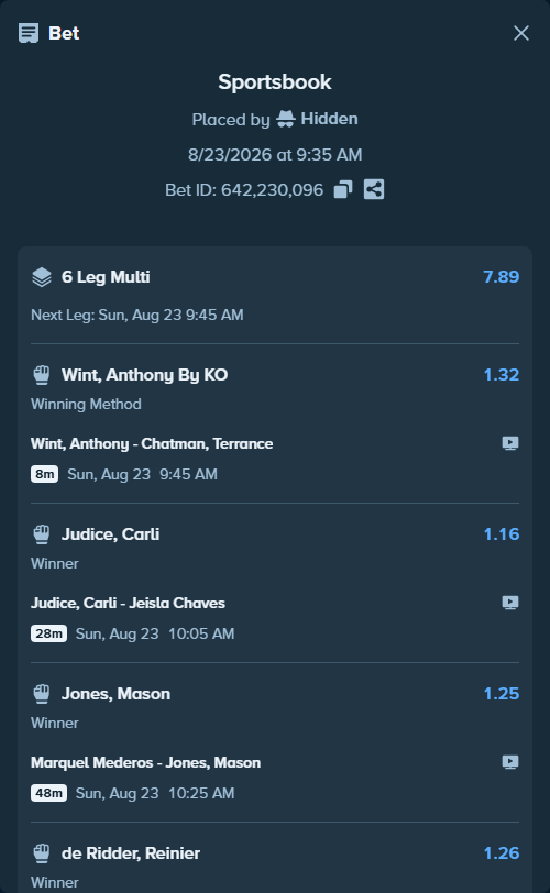 Bet slip: Judice, Carli - Jeisla Chaves, $10,003.00 stake at 1.16 odds, placed by Hidden