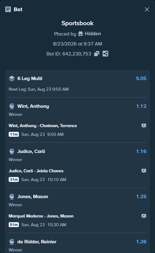 Bet slip: Judice, Carli - Jeisla Chaves, $10,003.00 stake at 1.16 odds, placed by Hidden