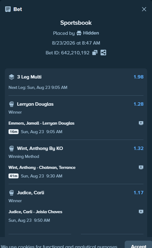 Bet slip: Judice, Carli - Jeisla Chaves, $10,982.63 stake at 1.17 odds, placed by Hidden