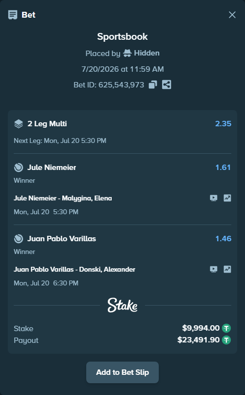 Bet slip: Jule Niemeier - Malygina, Elena, $10,003.99 stake at 1.61 odds, placed by Hidden